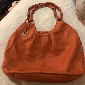 Elliott Lucca orange purse leather handbag large boho gold tone chain braided